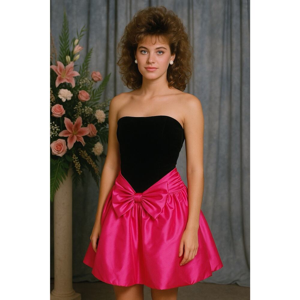 Vtg Scarlett Nite Prom Dress Pink Black Velvet Short Bubble Strapless Bow 7/8 - Picture 3 of 12